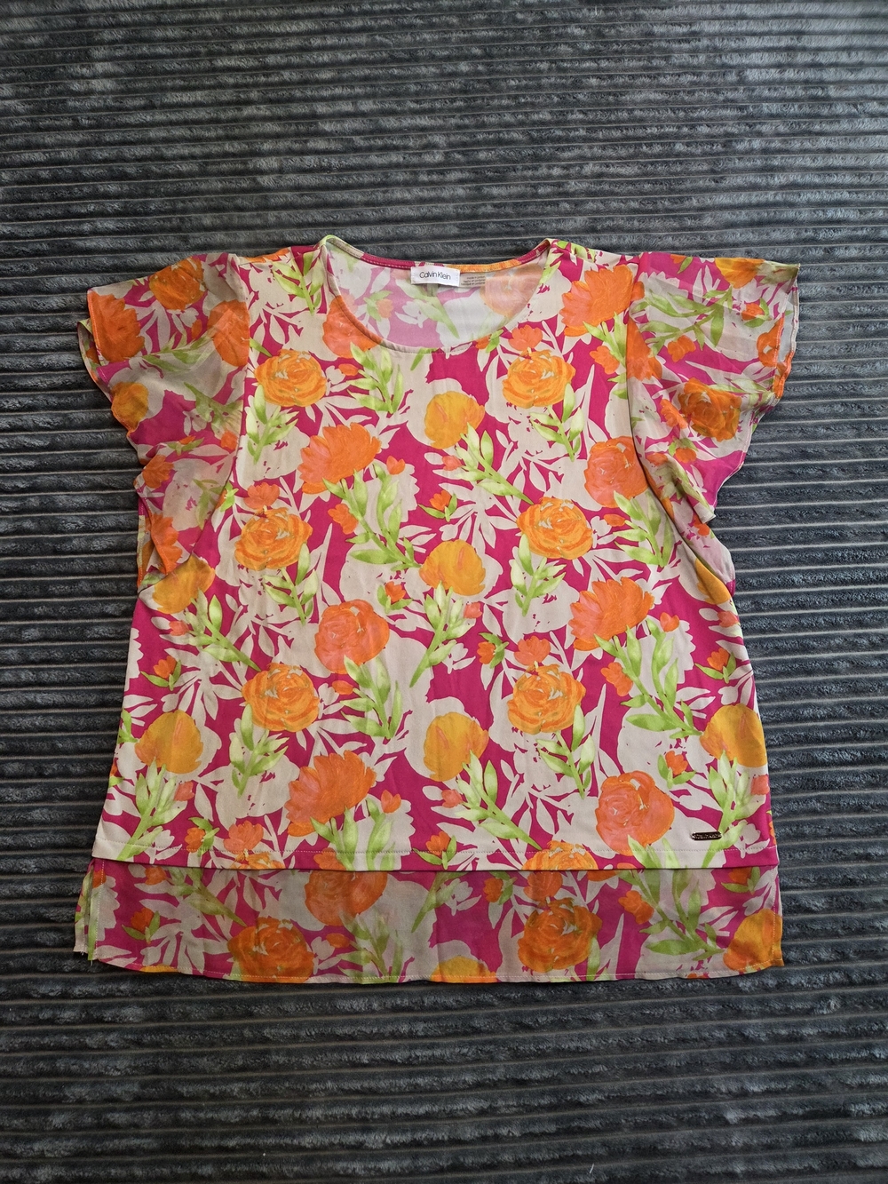 Calvin Klein Fuchsia Floral Short Sleeve Blouse with Orange Blooms